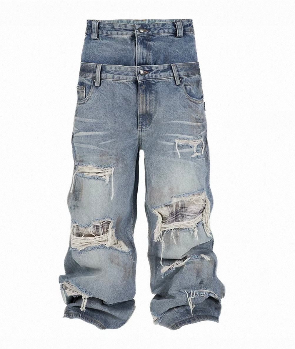 Double Waist Damaged Loose Jeans