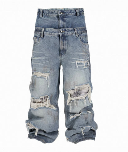 Double Waist Damaged Loose Jeans