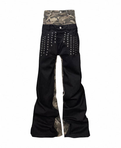 Double Waist Studded Wide Denim Pants