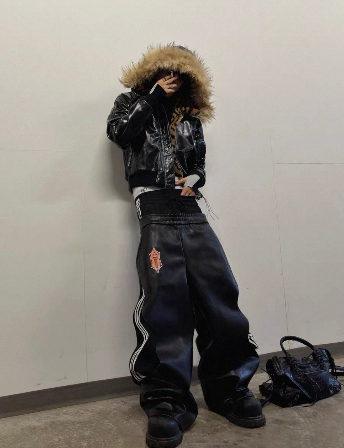 FOURTH3EX Double Waist PU Leather Pants