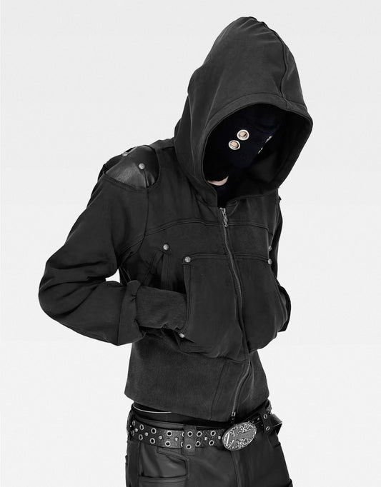 Washed Black Armor Multi-Pocket Zip Hoodie Jacket