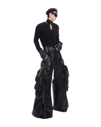 STARTEXCEEDEND Splicing Leather Fur Cargo Pants