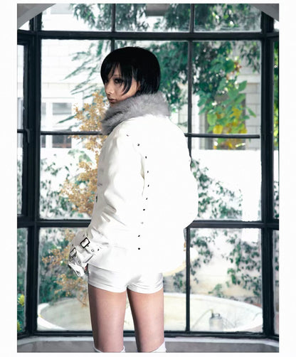 Cross Feather Napoleon Collar Suede-Touch Padded Jacket