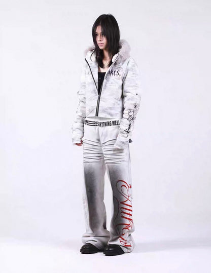 Washed Vintage Fur Collar Hooded Jacket