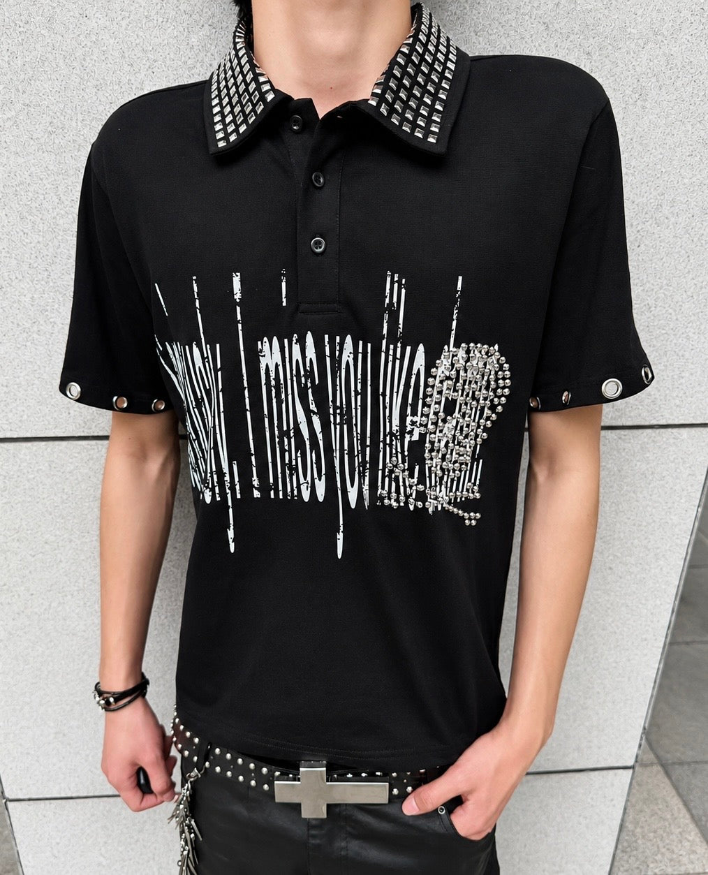 Rhinestone Cross Rivet Punk Polo Shirt