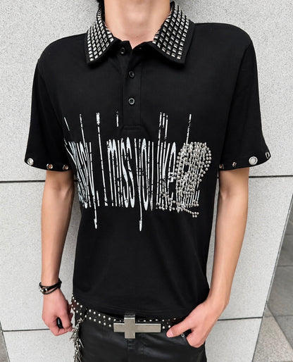 Rhinestone Cross Rivet Punk Polo Shirt