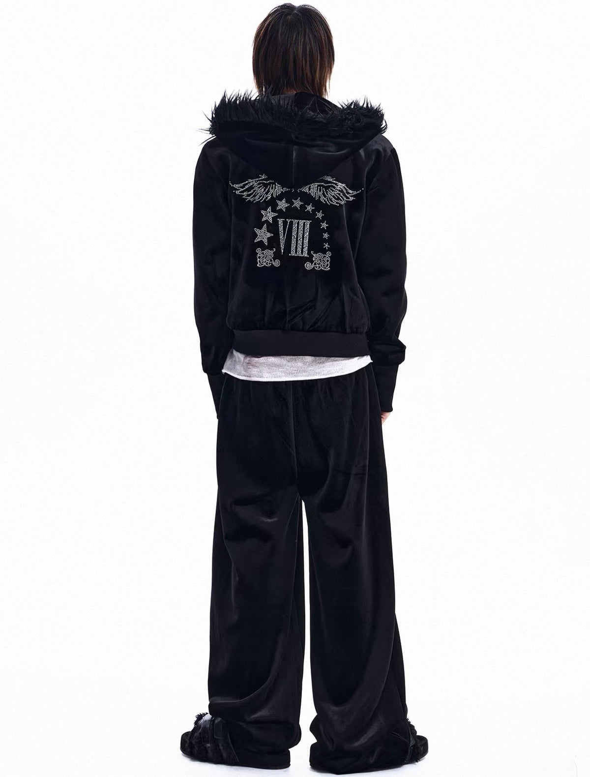 Rhinestone Logo Fur Collar Zip-Up Hoodie Jacket