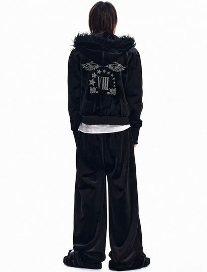 Rhinestone Logo Fur Collar Zip-Up Hoodie Jacket