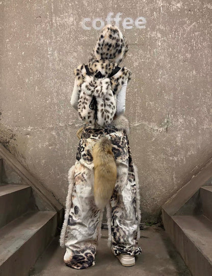 Leopard Faux Fur Wide Denim Pants