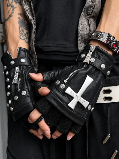 Cross Stud Fingerless Leather Gloves