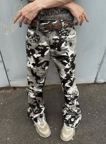 LIGHTINUS Distressed Camo Flare Jeans