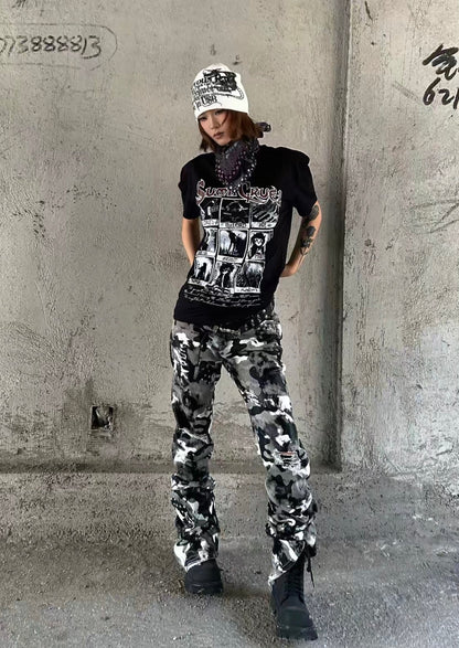 LIGHTINUS Distressed Camo Flare Jeans