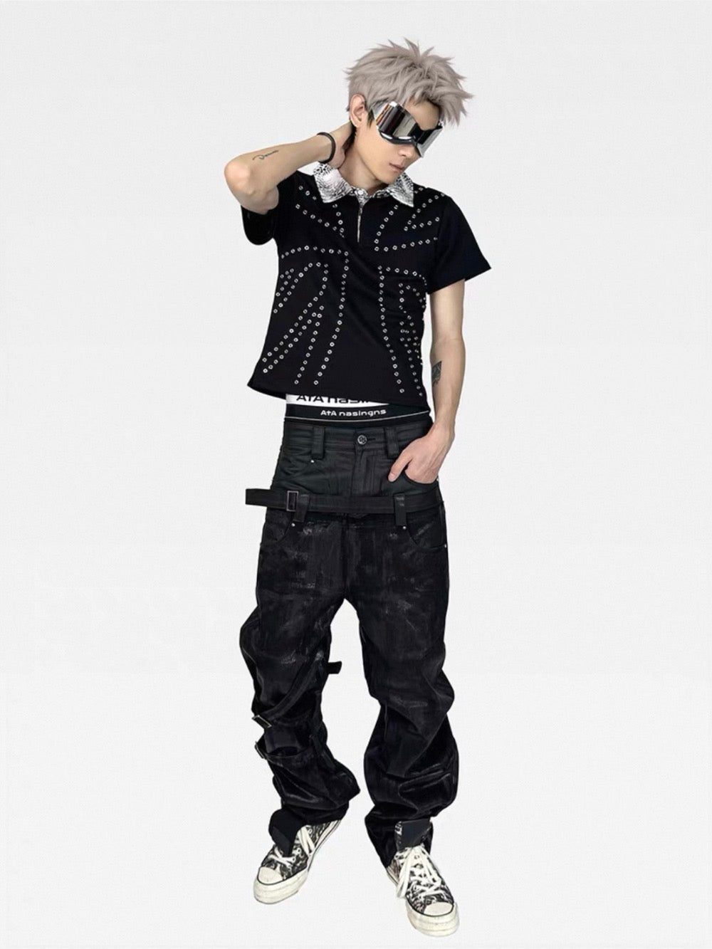 ATANOTHINGNESS Studded Metallic Collar Polo Shirt