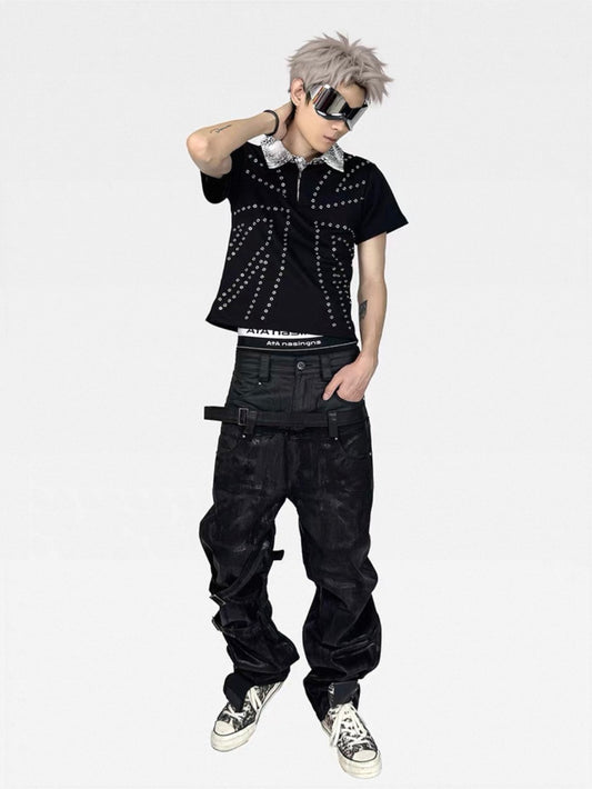 Studded Metallic Color Polo Shirt