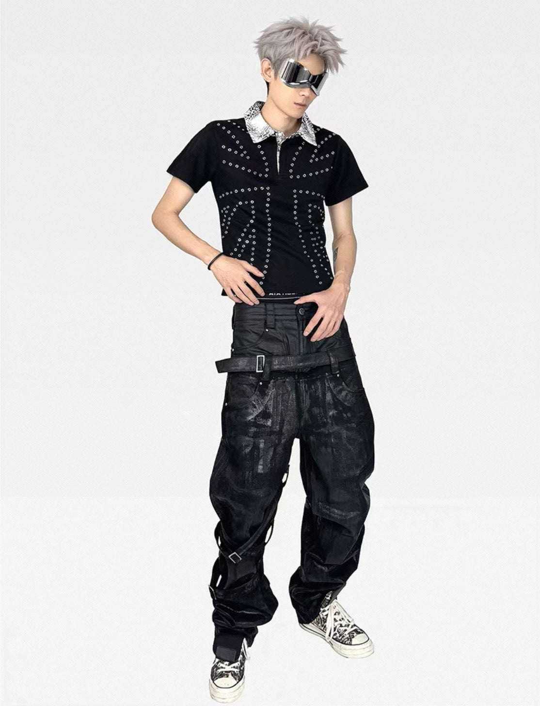 ATANOTHINGNESS Studded Metallic Collar Polo Shirt