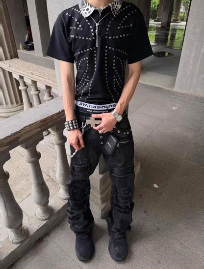ATANOTHINGNESS Studded Metallic Collar Polo Shirt
