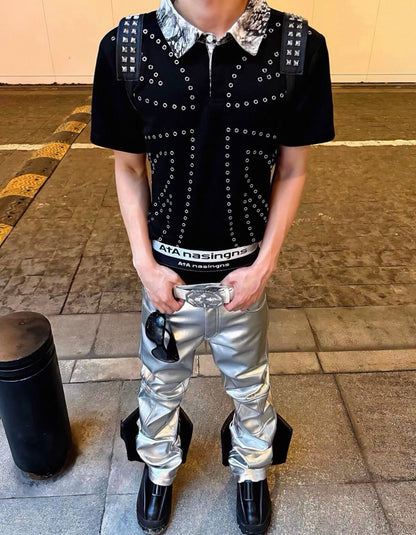 ATANOTHINGNESS Studded Metallic Collar Polo Shirt