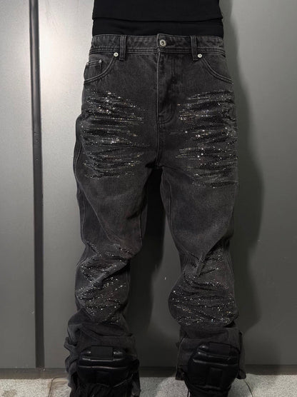 Gradient Rhinestone Whisker Washed Slim Denim Pants