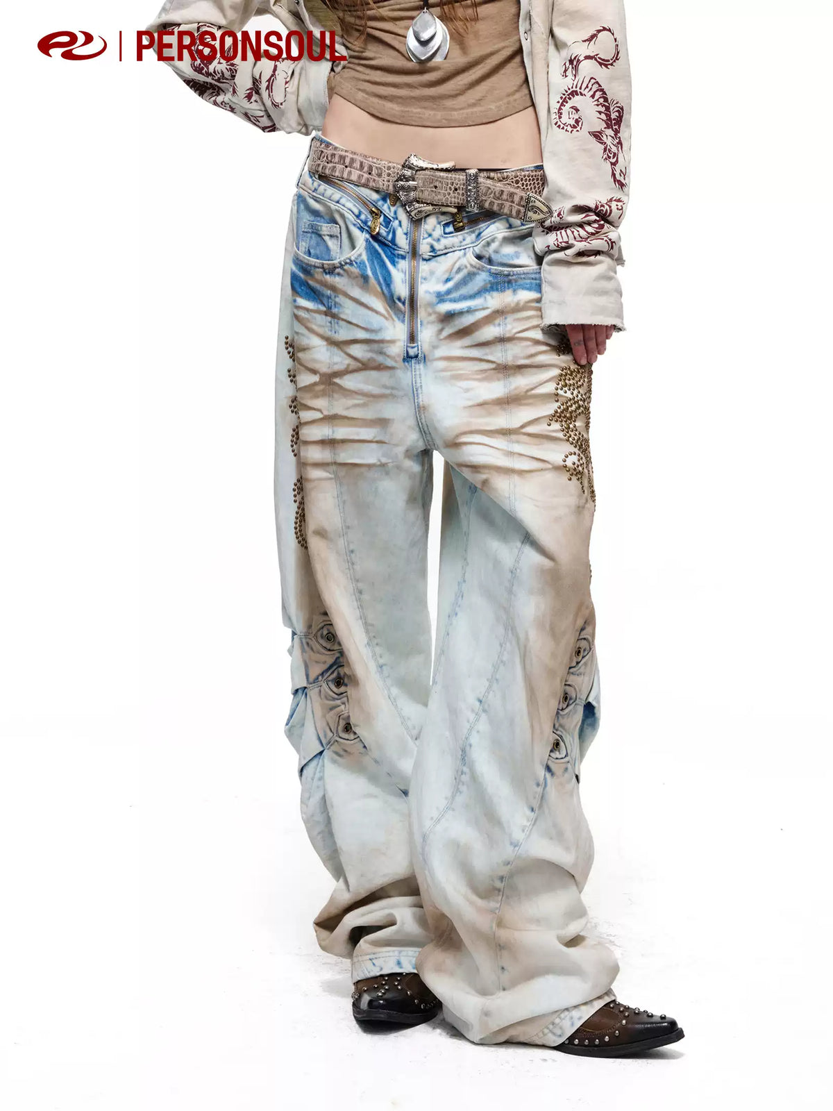 Rhinestone Cat Whisker Washed Slim Fit Jeans