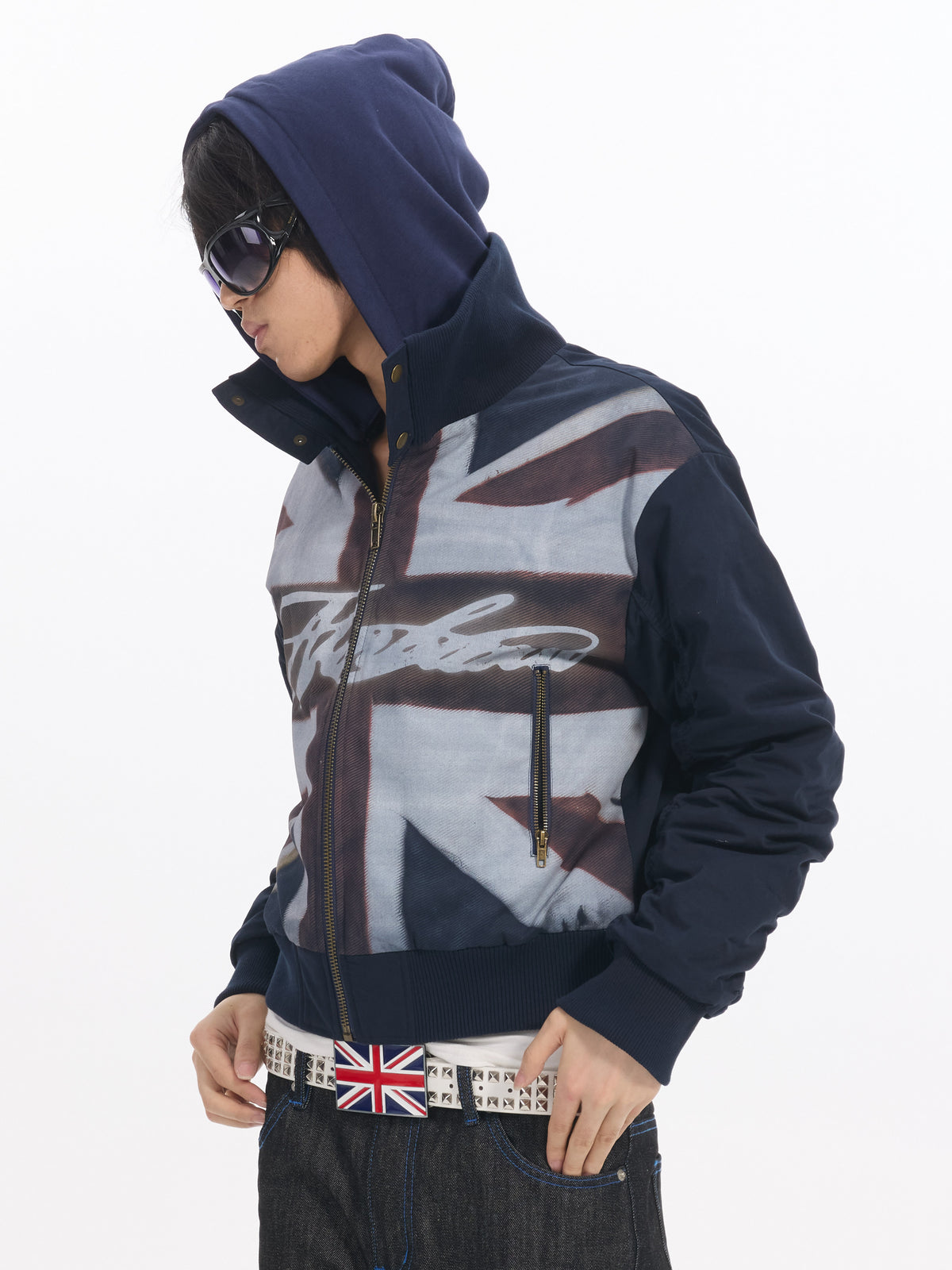 Cross Logo Printed Hooded Padded Bomber Jacket