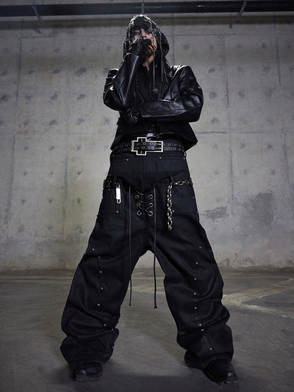 Double Drawstring Studded Wide Leg Jeans