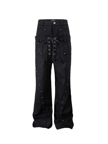 Double Drawstring Studded Wide Leg Jeans