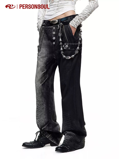 Crocodile Embroidered Crossover Waist Waxed Jeans