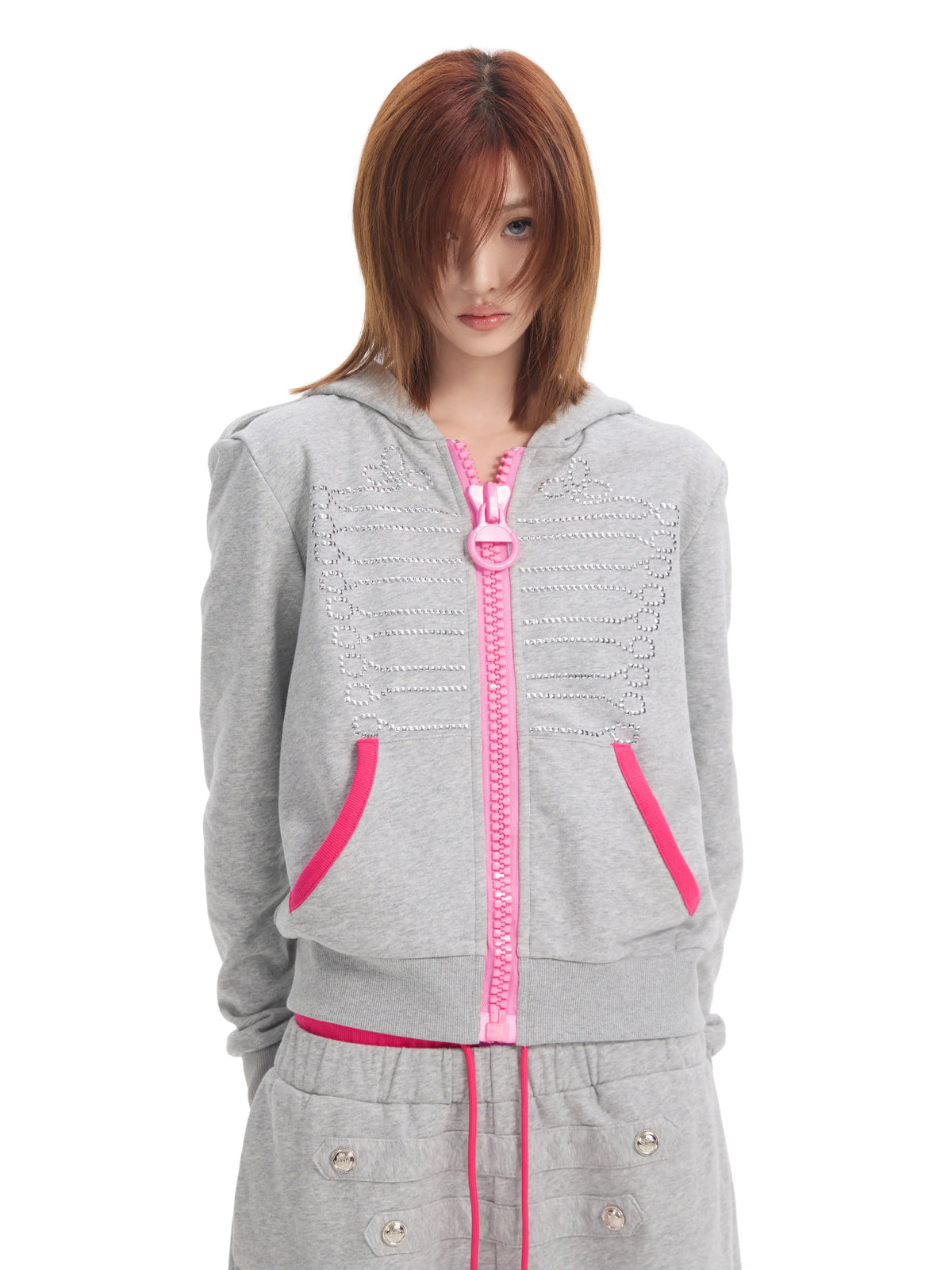 Pink Contrast Zip Grey Hooded Sweatshirt