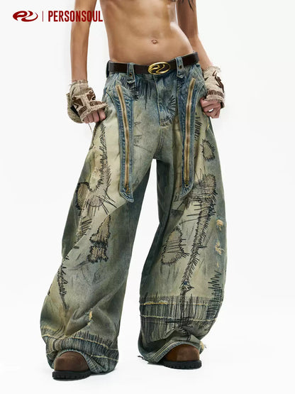 Patch Embroidered Curved Leg Baggy Jeans