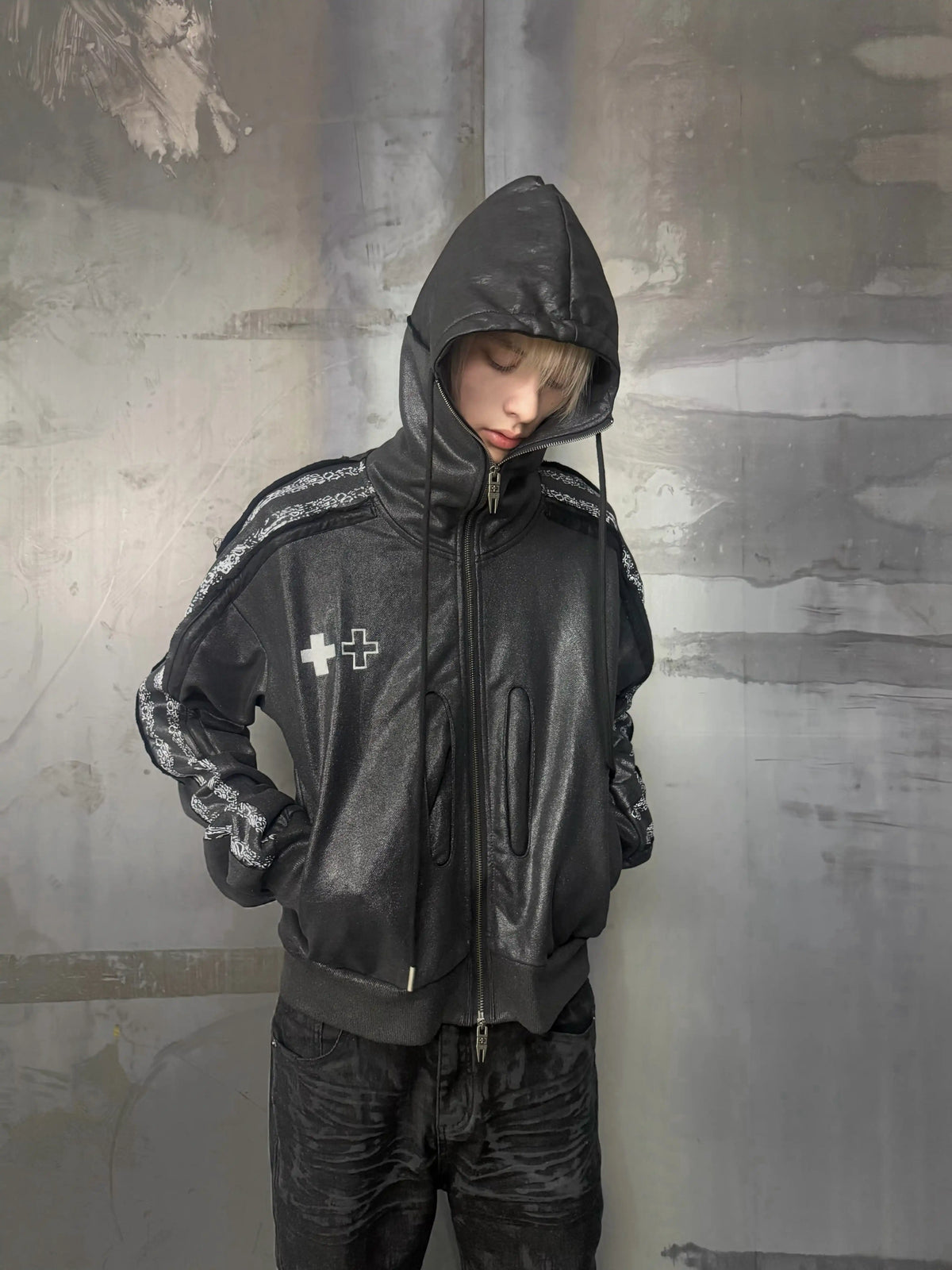 Cross Print Panelled High Neck Zip Up Hoodie