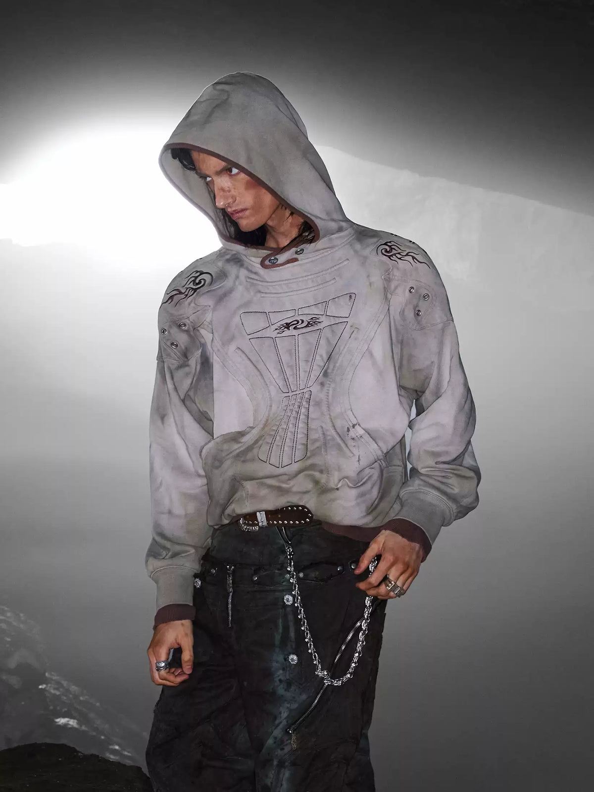 Shield Panel Washed Pullover Hoodie