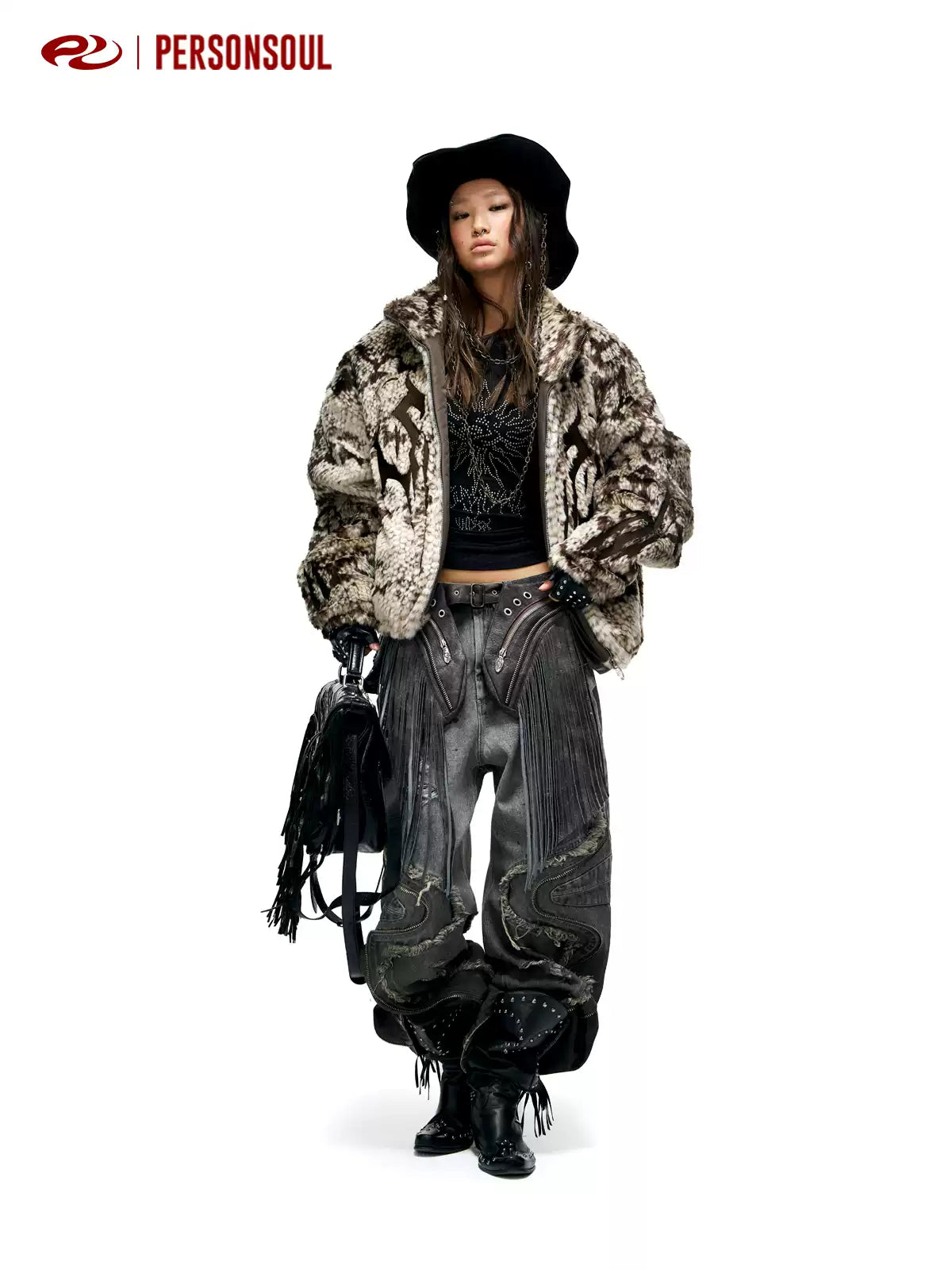 Snake Pattern Faux Fur Zip Jacket