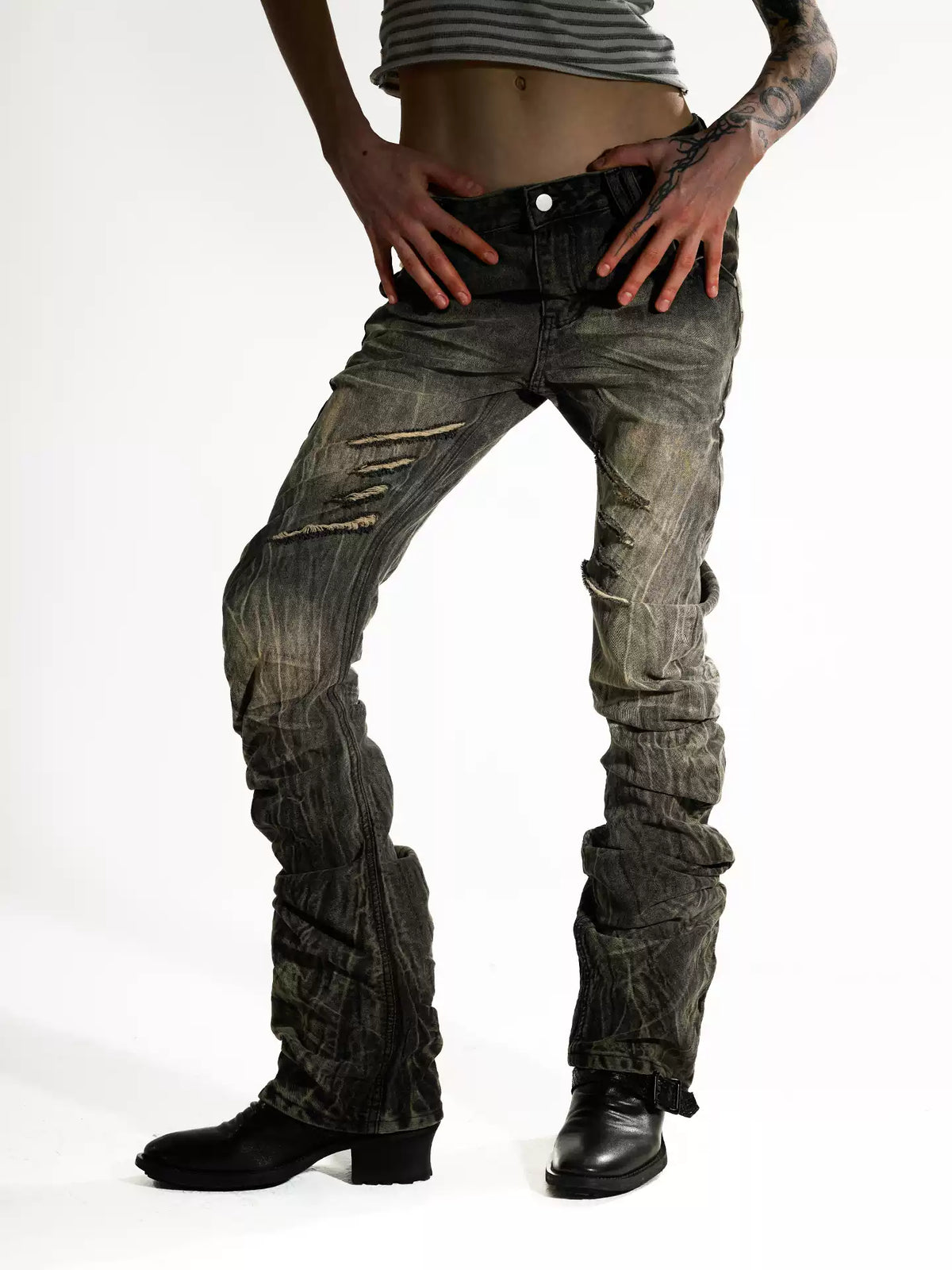 Khaki Studded Curved Seam Stacked Jeans