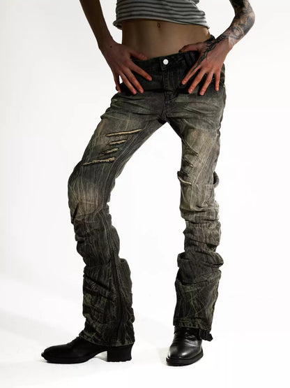 Khaki Studded Curved Seam Stacked Jeans