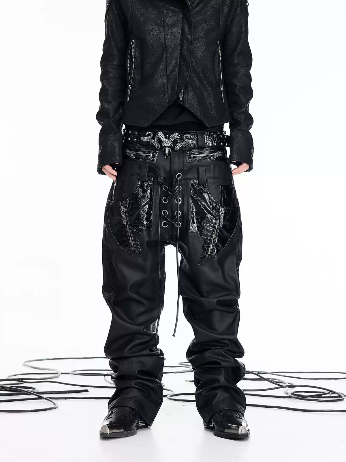 Double Waist PU Panel Drawstring Straight Jeans