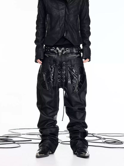 Double Waist PU Panel Drawstring Straight Jeans
