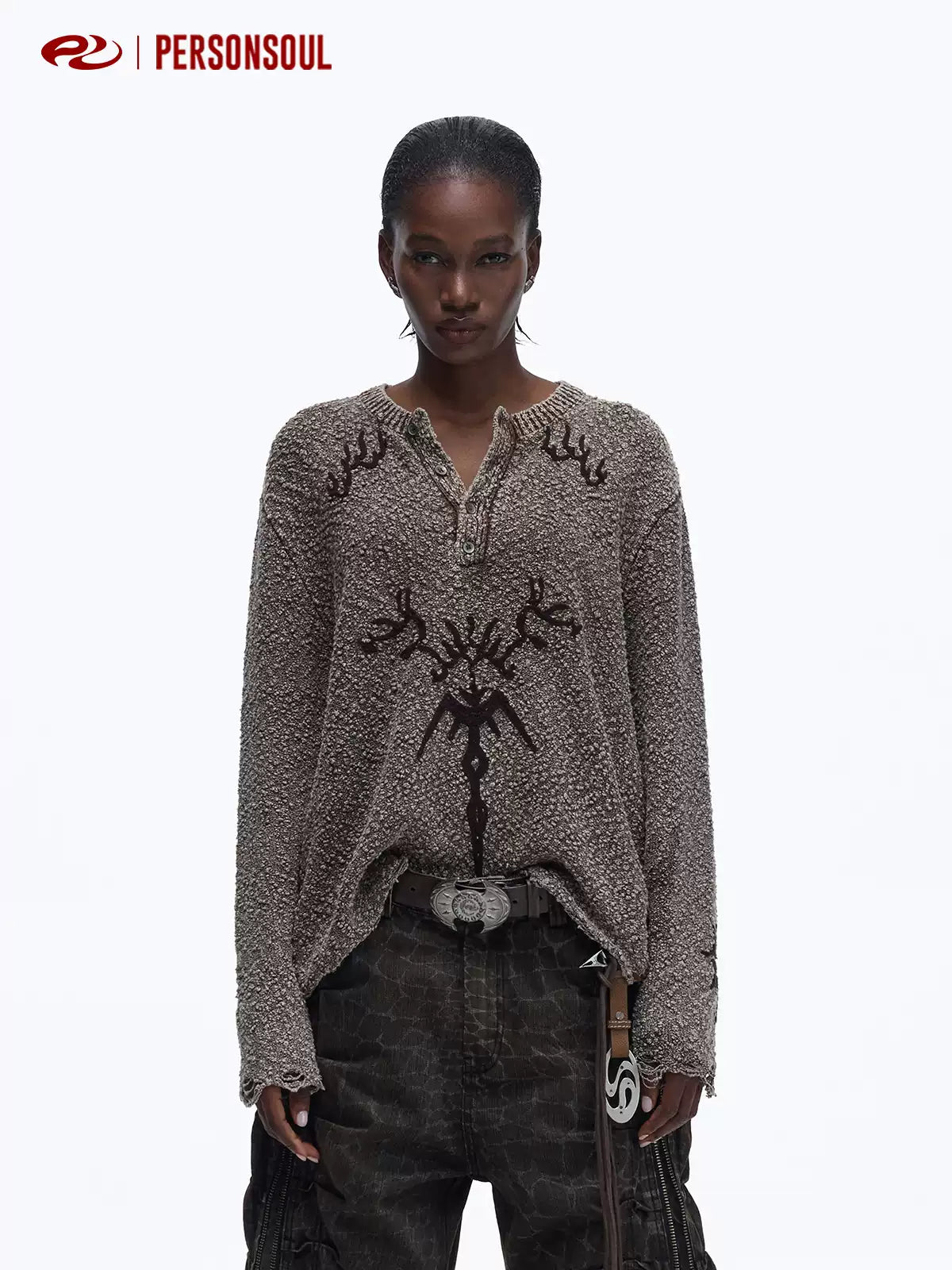 Totem Jacquard Embroidered Henley Knit Top