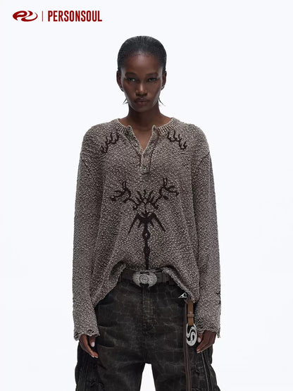 Totem Jacquard Embroidered Henley Knit Top