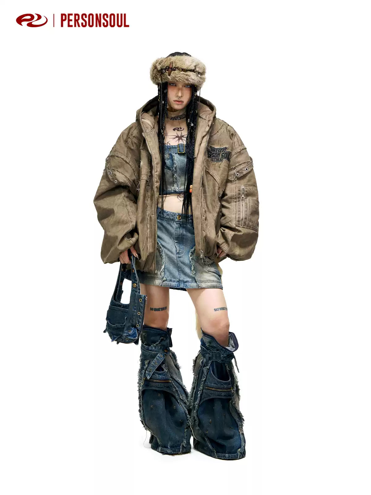 Hand Distressed Brown Hooded Padded Jacket