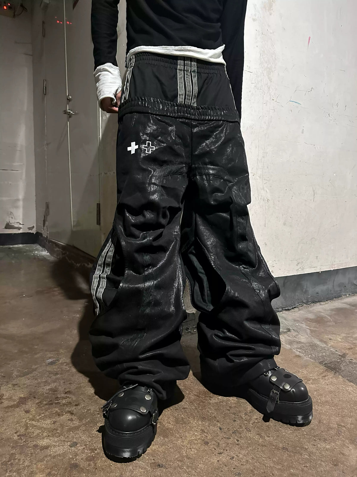 Deconstructed Double Waist Cross Print Baggy Track Pants