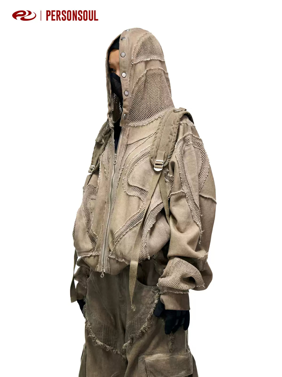Deconstructed Mesh Panel Zip-Up Hoodie