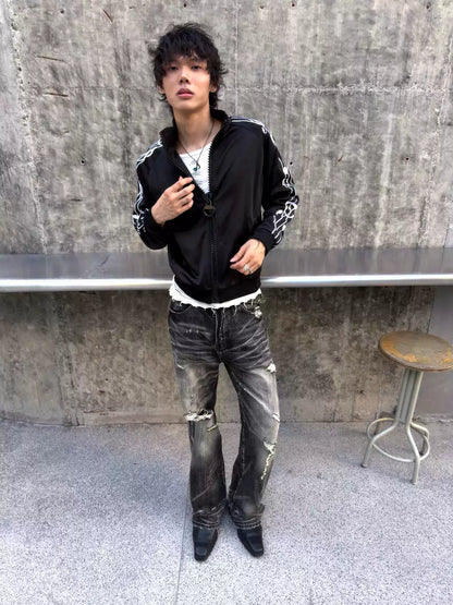 Musical Note Embroidered Stand Collar Zip Jacket