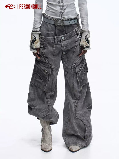 Double Waist Washed Wide Cargo Pants