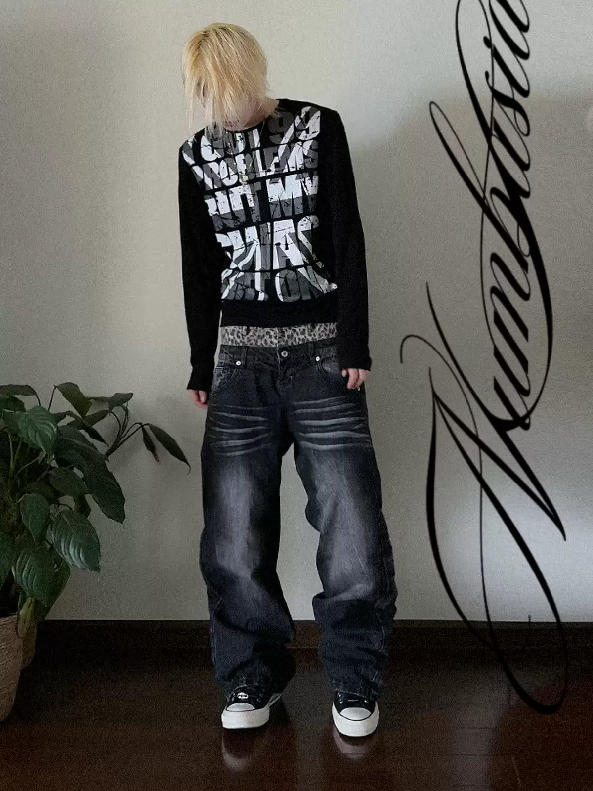 Double Waist Black Washed Baggy Jeans
