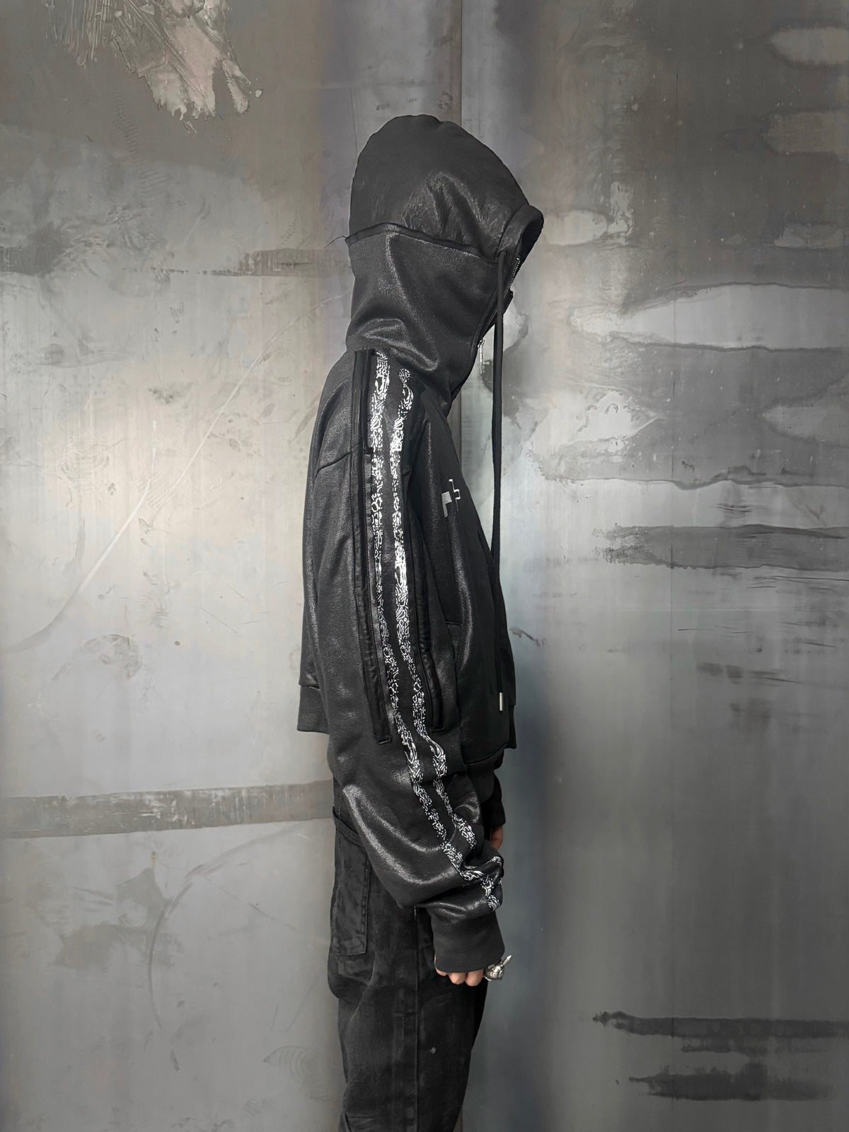 Cross Print Panelled High Neck Zip Up Hoodie
