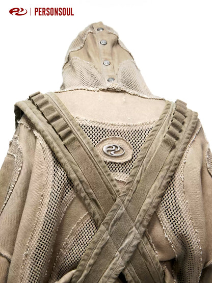 Deconstructed Mesh Panel Zip-Up Hoodie