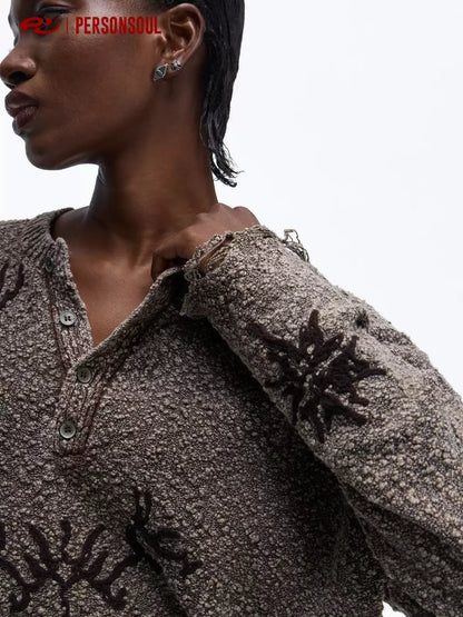 Totem Jacquard Embroidered Henley Knit Top