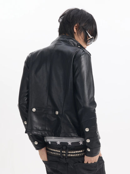Military Button Cropped Faux Leather Jacket