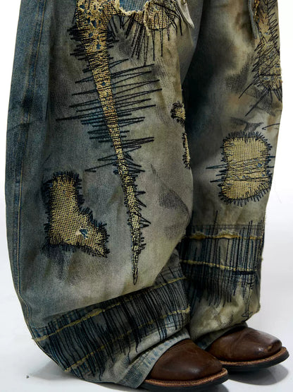 Patch Embroidered Curved Leg Baggy Jeans