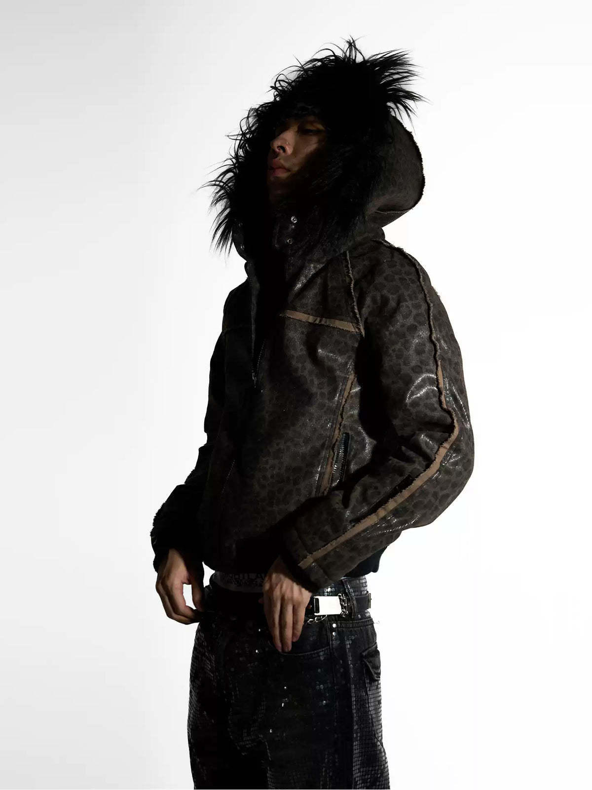 Detachable Faux Fur Collar Jacquard Zip Jacket